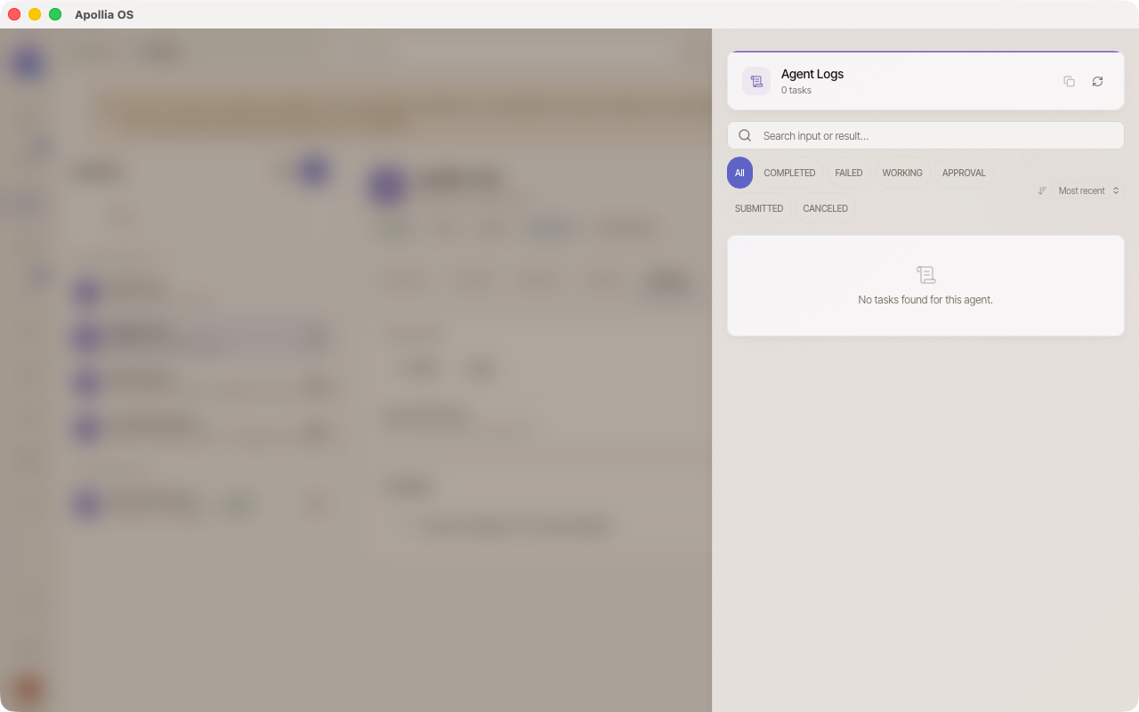Logs panel open with counter, search bar, status filters and sorting