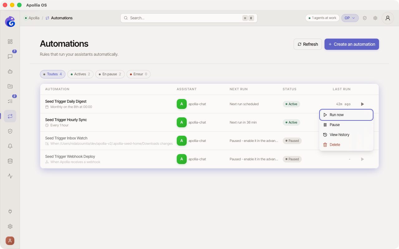 Automation row on hover, with its three-dot menu open on View history