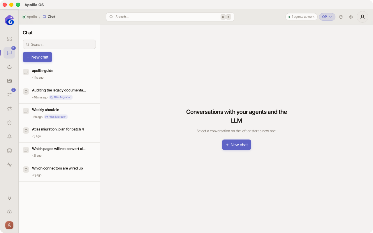 Chat page, conversation sidebar on the left, empty area in the middle with the input field at the bottom