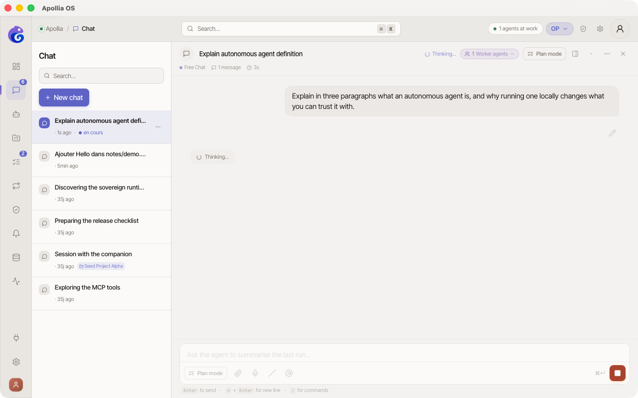 conversation with a user message and an AI answer streaming in, markdown formatting rendered