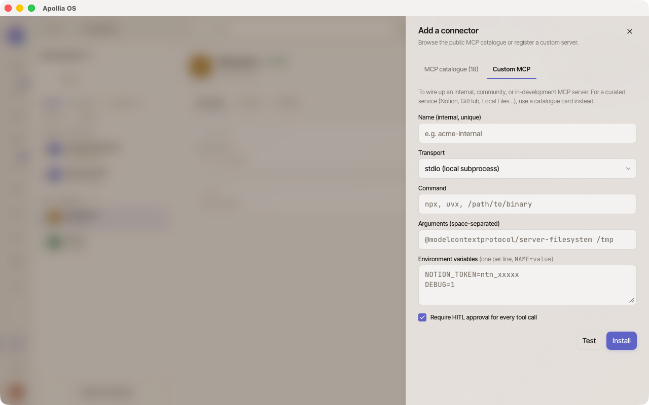 Custom connection tab: the blank form, shown with developer mode on