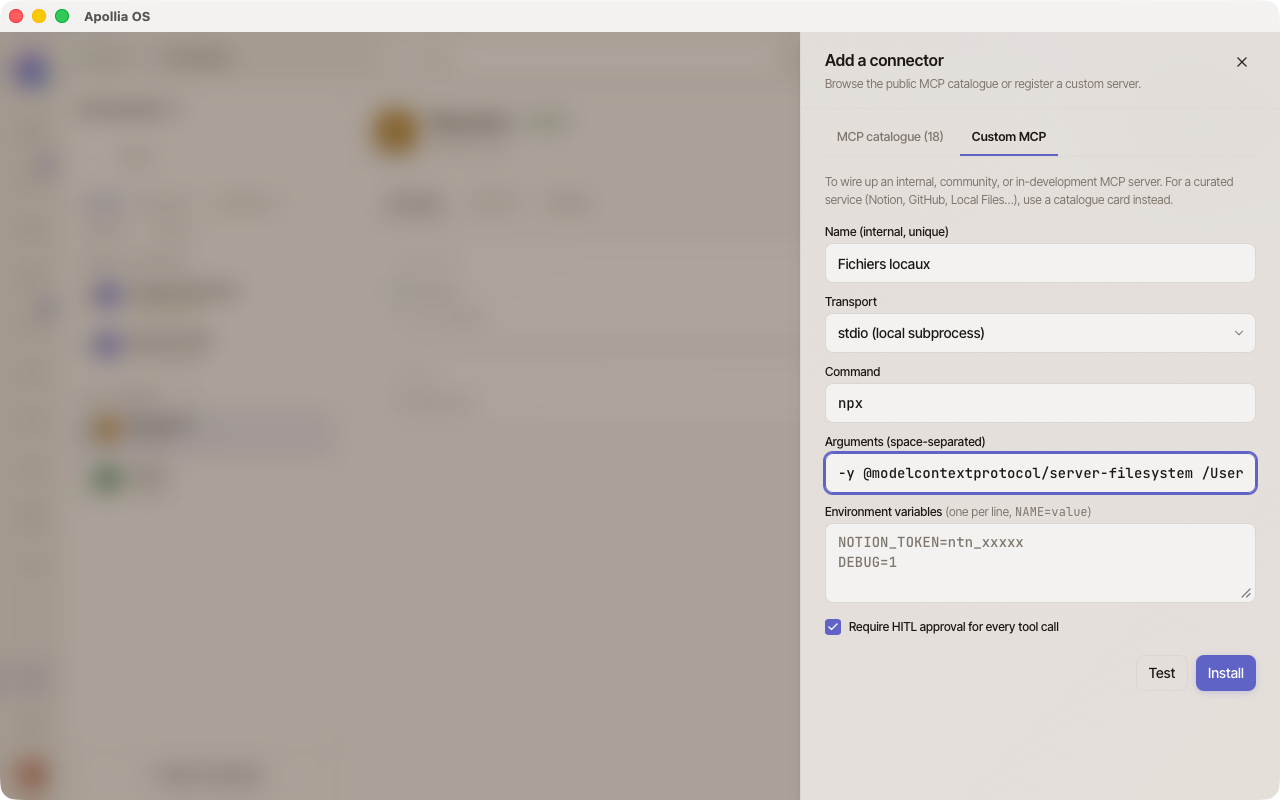 Custom form on stdio transport, with the command and the arguments filled in