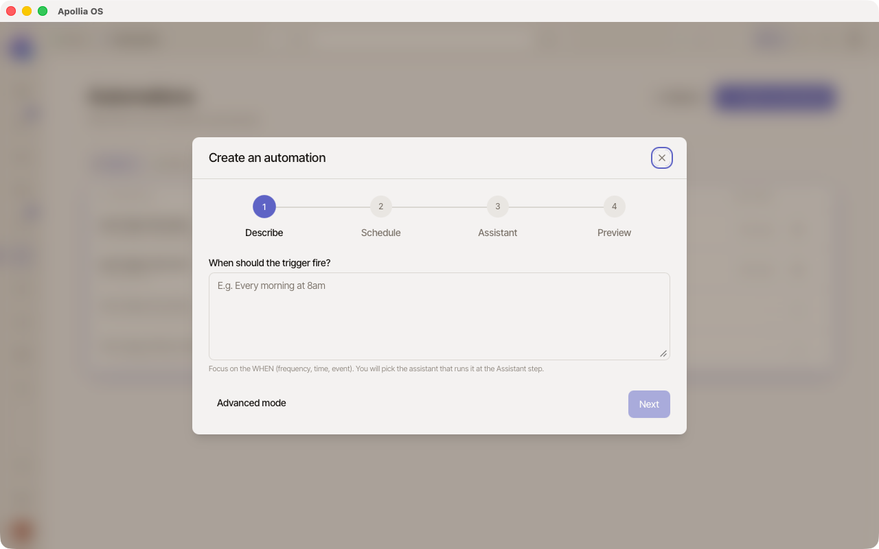 Page Automatisations, bouton Creer une automatisation en haut a droite et stepper en quatre etapes