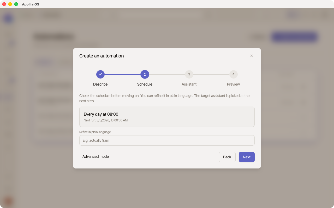 Etape Planification, encart de planification en clair, ligne de prochaine execution et champs d'affinage