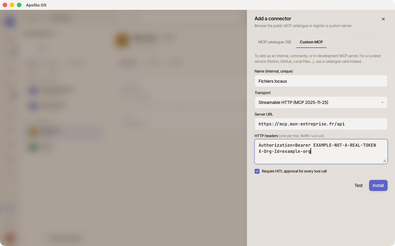 Formulaire Personnalisé en transport streamable-http, avec l'URL et les en-têtes d'authentification